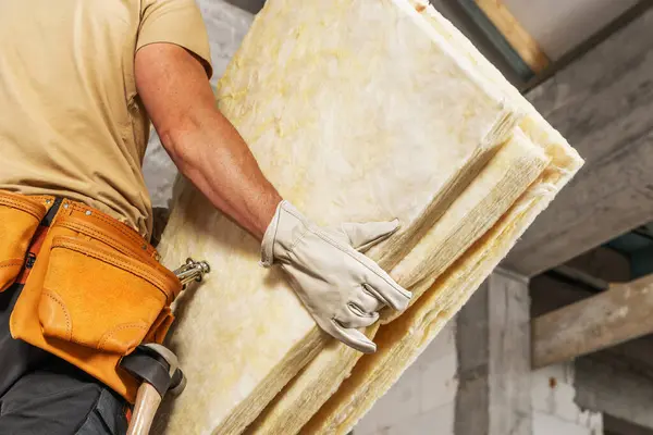 Caucasian Contractor Worker Moving Pieces Mineral Wool House Insulation Construction Stock Image