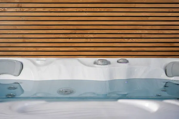 Modern Hot Tub Wooden Lamellas Wall Close Photo Royalty Free Stock Images