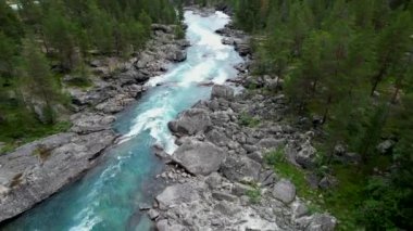 Kayalar ve ağaçlar arasında akan mavi dağ akıntısının hava görüntüsü. Norveç Dağları.