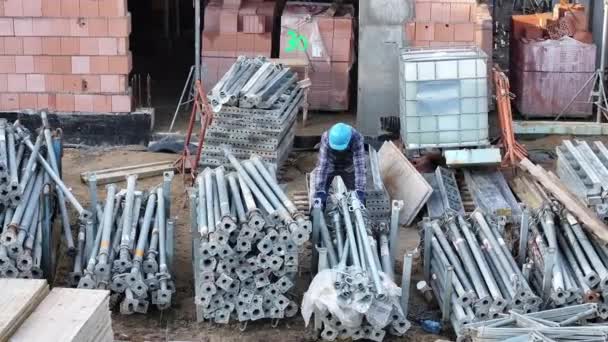 Professional Construction Worker Checking Preparing Steel Columns Skeleton Frame Building — Stok Video