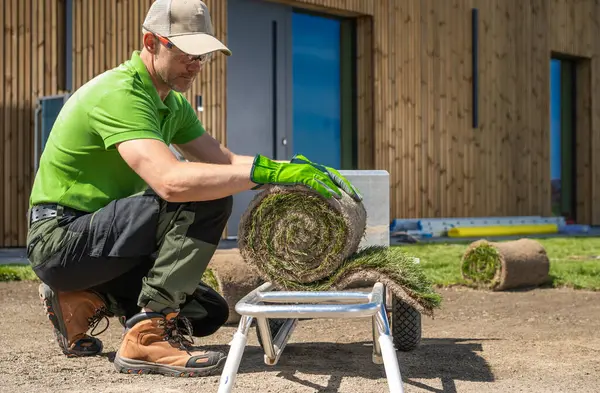 Caucasian Gardener His 40S Installing Grass Turfs Residential Backyard Garden Foto Stock