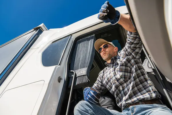 Trucker Driver Opening Door White Truck Get Fresh Air Стоковое Изображение
