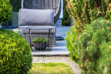 Yastıklı şık bir şezlong, çağdaş bir bahçede manikürlü çalılar ve yeşilliklerle çerçevelenmiş küçük bir masanın yanında oturur..