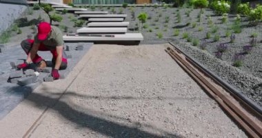 Bir kişi, modern bir arka bahçeye bir yol yapmak için kaldırım döşüyor, dikkatli yerleştirme ve düzenleme üzerine odaklanıyor..