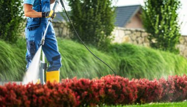 Tulumlu bir adam, bahçesini düzenli tutarken canlı çalılıklardan toprağı temizlemek için basınç makinası kullanıyor..