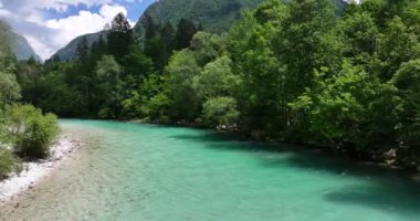 Sakin bir turkuaz Soca nehri parlak mavi bir gökyüzünün altındaki canlı yeşil bir ormanın içinden esiyor. Slovenya Manzarası.