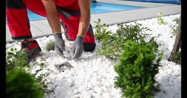 Bir profesyonel bahçeye dekoratif taşlar ve bitkiler arasında aydınlatma tesisatı kuruyor..