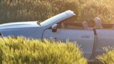 Üstü açık bir araba yol kenarına park edilmiş. İki kişi gün batımında altın tarlalarda keyif çatıyor. Canlı manzarayla çevrili..