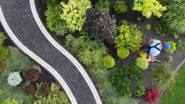 Bir bahçıvan dikkatlice kuru erik ve su çeşitli bitkiler kavisli bir yol boyunca, canlı yeşillik ve çeşitli flora sergilenir güzel tasarlanmış bir manzara.
