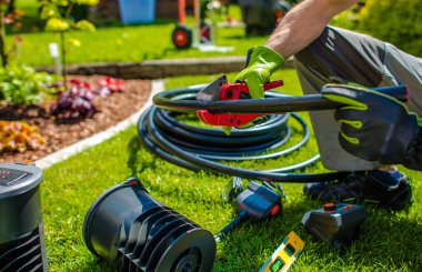 A gardener organizes gardening tools and irrigation system hose on lush green grass, ready for landscaping in a bright, sunny outdoor area. clipart