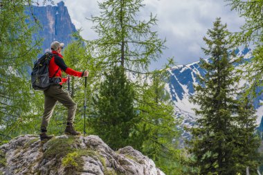 Uzun ağaçlarla çevrili çarpıcı dağ manzarasını alan bir yürüyüşçü büyük bir kayanın üzerinde duruyor. Bulutlar gökyüzünü dolduruyor, dramatik bir zemin oluşturuyor..