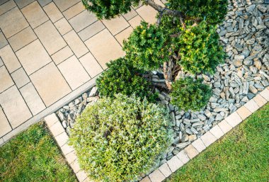 Canlı bir bahçe çeşitli bitki ve çalılar sergiliyor, dikkatlice yerleştirilmiş taş bir patikanın yanına yerleştirilmiş. Yeşillik yemyeşil ve sağlıklıdır. Tarafsız taş tonlarıyla güzel bir tezat oluşturur..