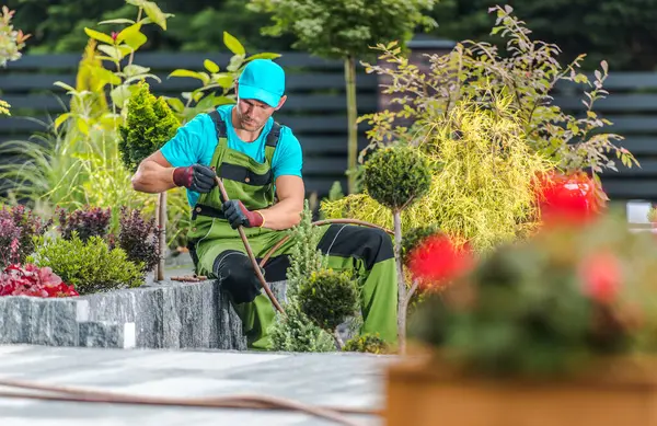Bir bahçıvan güzel tasarlanmış bir bahçedeki bitkileri budamak ve düzenlemek için dikkatlice çalışıyor. Çiçeklerin ve yeşilliğin parlak renkleri açık hava atmosferini güçlendirir..