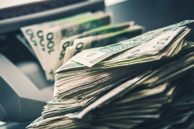 Polonyalı Zloty banknotlarının büyük bir kısmı düz bir zeminde yatıyor, farklı banknotlar sergiliyor. Ortam organize ve aydınlık görünüyor, zenginlik taşıyor..
