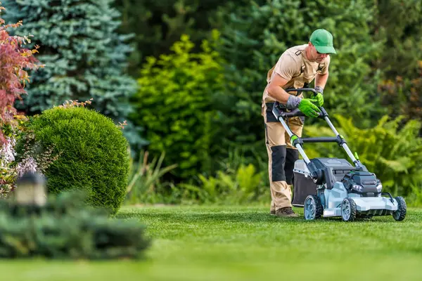 Etrafı çeşitli ağaçlar ve çalılarla çevriliyken bir adam güzel manzaralı bir bahçede çimleri biçiyor. Parlak güneş ışığı yeşilliği artırır..