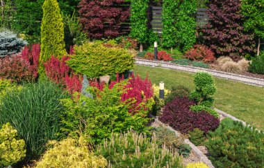 Güzel düzenlenmiş bir bahçe çeşitli renkli bitki ve çalıları sergiliyor. Etrafı yemyeşil, dingin ve davetkar bir atmosfer sergiliyor..