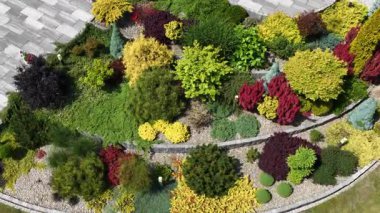 Güneşli bir günde çeşitli renkli çalılar ve bitkiler sergilenen güzel manzaralı bir bahçe keşfet..