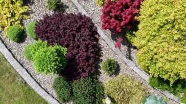 Rengarenk bitki ve çalılarla dolu çarpıcı bir bahçe keşfetmek, iyi tanımlanmış taş yollara karşı ahenkli bir şekilde düzenlenmiş, barışçıl bir atmosfer yaratmak.