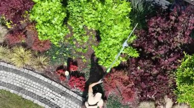 Bir insan, canlı yeşillikler ve kırmızılarla dolu güzel bir bahçedeki çiçekleri yemleme eğilimindedir. Güneşli bir açık havada peyzaj becerileri sergiler..