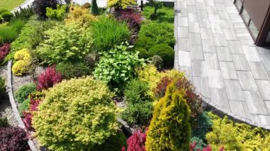 Çeşit çeşit bitki ve yemyeşil ile dolu canlı bir bahçe keşfedin, güneşli bir açık alanda ustalıkla düzenlenmiş peyzaj elementlerini sergileyin..