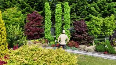 Bir insan, çeşitli bitki ve ağaçlarla dolu renkli bir bahçede güneşli bir günde doğanın güzelliğini gözler önüne seriyor..