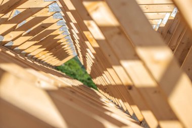 Benzersiz bir ahşap çerçeve, güneş ışığının süzülerek geçmesini sağlar, gündüz saatlerinde manzaralı bir alanda ışık ve gölge etkileşimi yaratır..