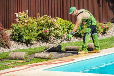 Bahçıvanın biri havuz kenarına çimenlik rulo serer, güneşli bir açık havada renkli çiçeklerle yemyeşil bir manzara yaratmaya odaklanır..