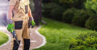 Koruyucu eldiven giyen bir bahçıvan, açık hava koşullarında güzel bir bahçedeki çalıların üzerinde budama makası kullanıyor..