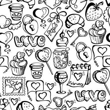 Karalama tarzında sevgililer günü kusursuz desen. Kumaş, tekstil, duvar kağıdı, posterler, hediye paketi kağıdı, peçeteler için vektör arkaplan
