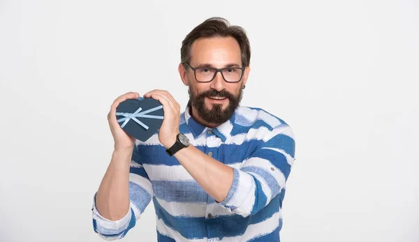 Attractive Happy Beard Man Wearing Glasses Offering Blue Heart Shaped — Stock Photo, Image