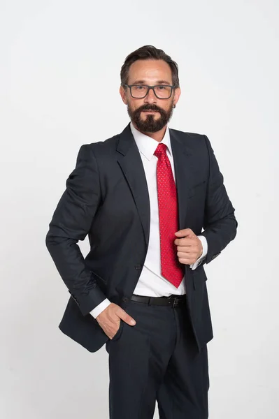 Empresário Barbudo Amigável Usando Óculos Terno Posando Sorrindo Para Câmera — Fotografia de Stock