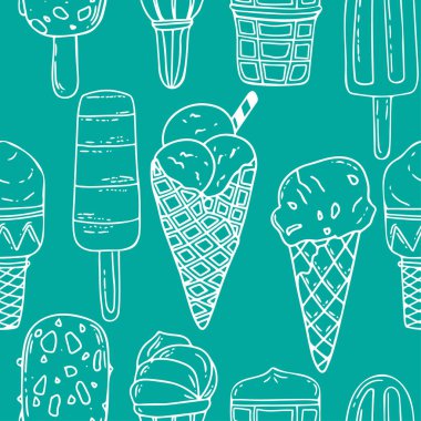 Seamless pattern with Ice cream, white icons,