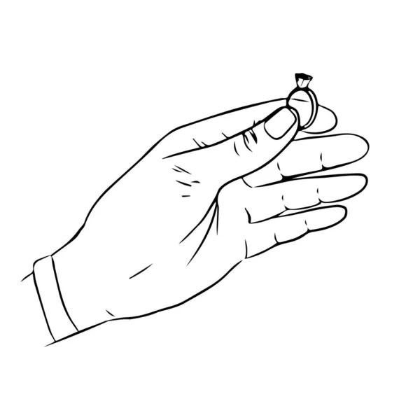 Kecses Női Kéz Egy Gyönyörű Gyűrűvel Egy Nagy Csillogó Gyémánttal — Stock Vector