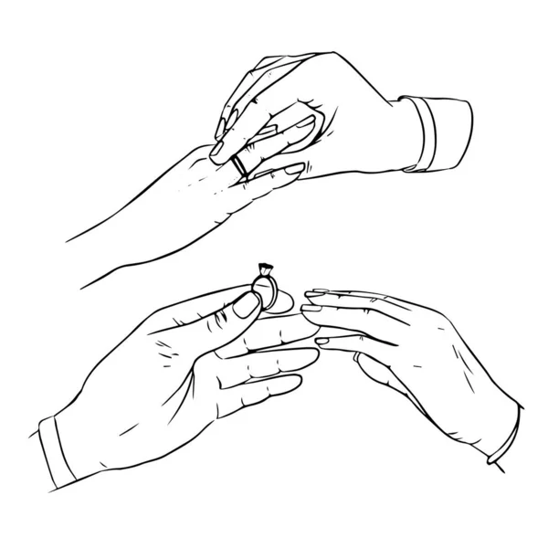 Изящная Женская Рука Красивым Кольцом Большим Блестящим Бриллиантом Предложение Браке — стоковый вектор