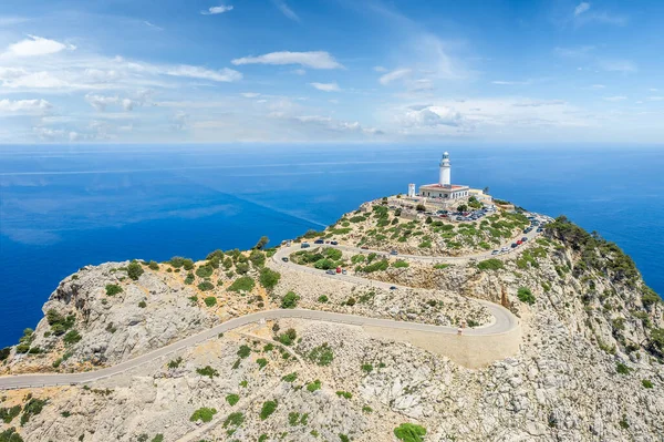 Landscape Towering Formentor Lighthouse Perched Atop Majorca Rugged Cliffs Offering — Stock Photo, Image