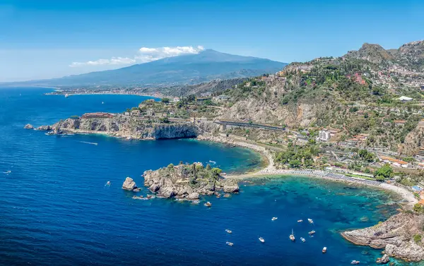 stock image Landscape with beauty of Isola Bella in Taormina, Sicily, with its crystal-clear waters and stunning views of Mount Etna.