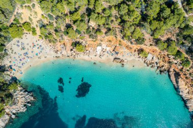 Ibiza 'daki Cala Saladeta' nın hava manzarası turkuaz sular, kumlu bir koy ve yemyeşil çam ormanı doğa ve plaj aşıkları için mükemmel bir Akdeniz kaçışı.