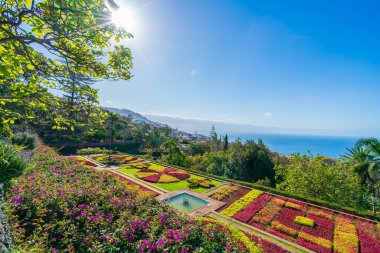 Funchal, Madeira 'daki Botanik Bahçeleri' nin güzel panoramik manzarası, canlı çiçek desenleri, yemyeşil ve okyanus zeminiyle