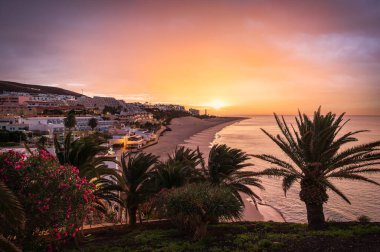 Morro Jable, Fuerteventura, gün batımında kumlu sahil, palmiye ağaçları ve renkli gökyüzünün altında sakin Atlantik Okyanusu.