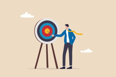 Specific goal, clarify objective or target, focus or concentrate on purpose to win business mission, perfection or aiming at target concept, businessman pointing at center of bullseye archery target. clipart