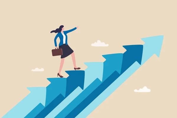 Career growth, growing business or leadership to overcome challenge, motivation to succeed, career development or ambition to success concept, confidence businesswoman walking up growth arrow stair.