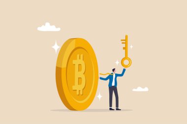 Kripto para veya Bitcoin depolamak için özel anahtar veya donanım cüzdanı, kripto para kavramı için güvenlik şifresi veya güvenlik koruması, Bitcoin ile özel anahtar elinde tutan güven işadamı yatırımcı.