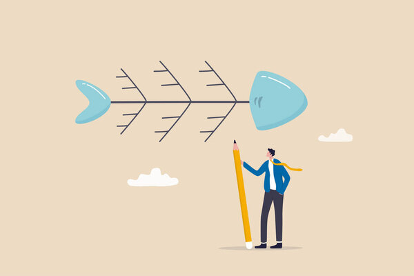 Fishbone diagram tool to analyze cause of problem, root cause analysis or finding solution to solve problem, analyze effect or impact concept, businessman drawing fishbone diagram to analyze problem.