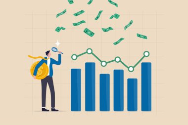 Financial market, investment earning or money management analysis, economic growth, stock exchange market report concept, businessman investor holding money coin analyze financial graph and chart. clipart