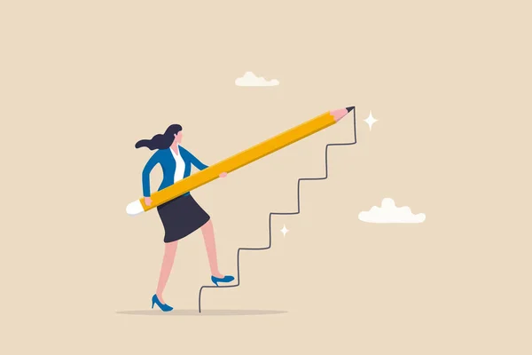 成功への階段を作成します 成長または成長キャリアパス 自己改善やリーダーシップの動機のための計画 自己成功の概念を作った 自信ビジネス女性成功のために登るための階段を描く — ストックベクタ