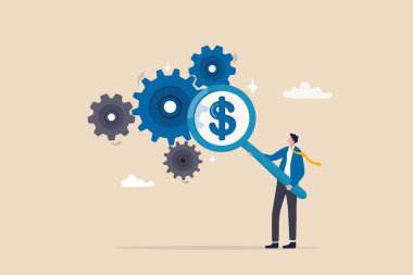 Maliyet etkin, maliyet ve zaman azaltımı daha iyi kalite sonuç, daha iyi kar stratejisi konsepti için maliyet ve giderleri optimize etmek, işadamı dişli dişli dişli üretiminden dolar para büyütmek.