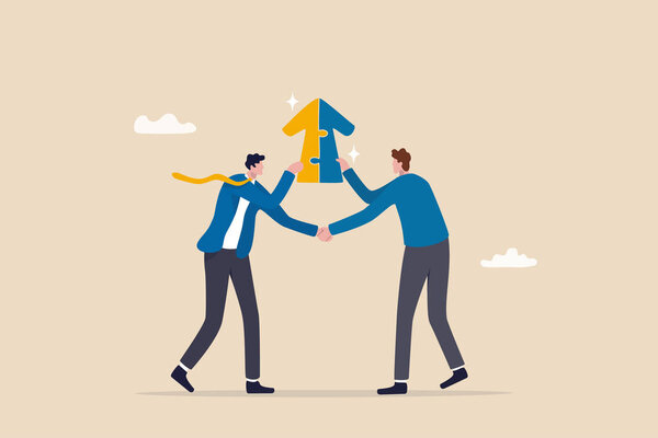 Joint venture business partnership agree to share resource and work together to achieve same goal, merge or acquisition, cooperation concept, businessman handshake connect growth arrow jigsaw puzzle.