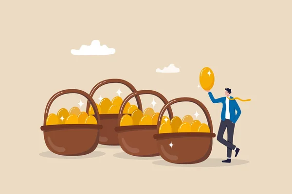 リスクを低減し 収益と利益を最大化するための投資ポートフォリオ戦略 資産配分の概念 多くのバスケットに入れることによって多様化黄金の卵を保持するビジネスマン — ストックベクタ