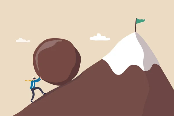 成功への努力を推進するための成功 回復力と強さを押し続け 目標と成功の概念を達成するための忍耐 野心的なビジネスマンは山の頂上に重い岩を押す — ストックベクタ