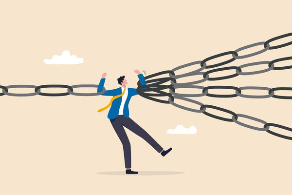 Единая точка отказа, риск или уязвимое место, чтобы сделать все системы вниз, важный момент для опасности или остерегаться концепции опасности, бизнесмен в попытке так трудно держать несколько цепей, чтобы избежать провала.